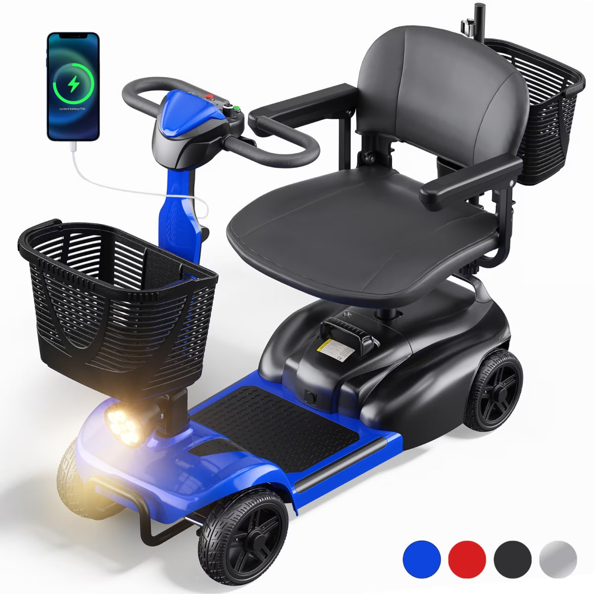 4 Wheels Mobility Scooter with Cane Holder for Seniors, Electric Folding Wheelchair Device for Travel, Blue