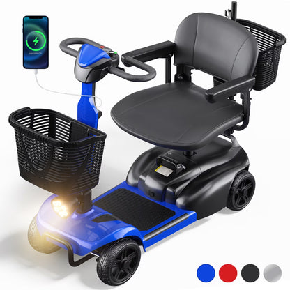 4 Wheels Mobility Scooter with Cane Holder for Seniors, Electric Folding Wheelchair Device for Travel, Blue