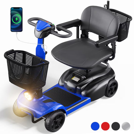 4 Wheels Mobility Scooter with Cane Holder for Seniors, Electric Folding Wheelchair Device for Travel, Blue