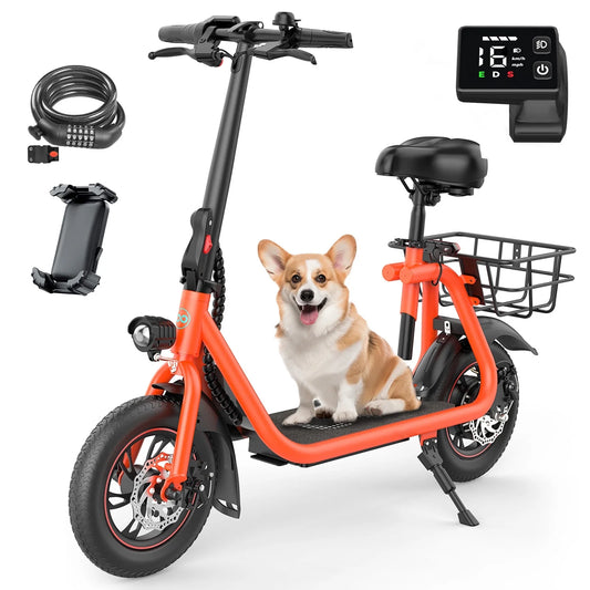 450W Electric Scooter with Seat, Commuter Electric Scooter for Adult with Basket & Free Phone Holder & Steel Cable Lock & Inner Tube- up to 21 Miles 15.5Mph-Oange