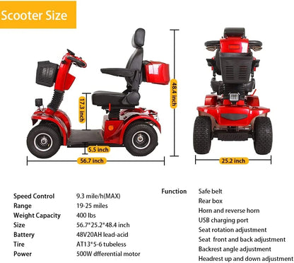 Secure 4-Wheel Adjustable Mobility Scooter with Charger, Red, 350 Lb Limit