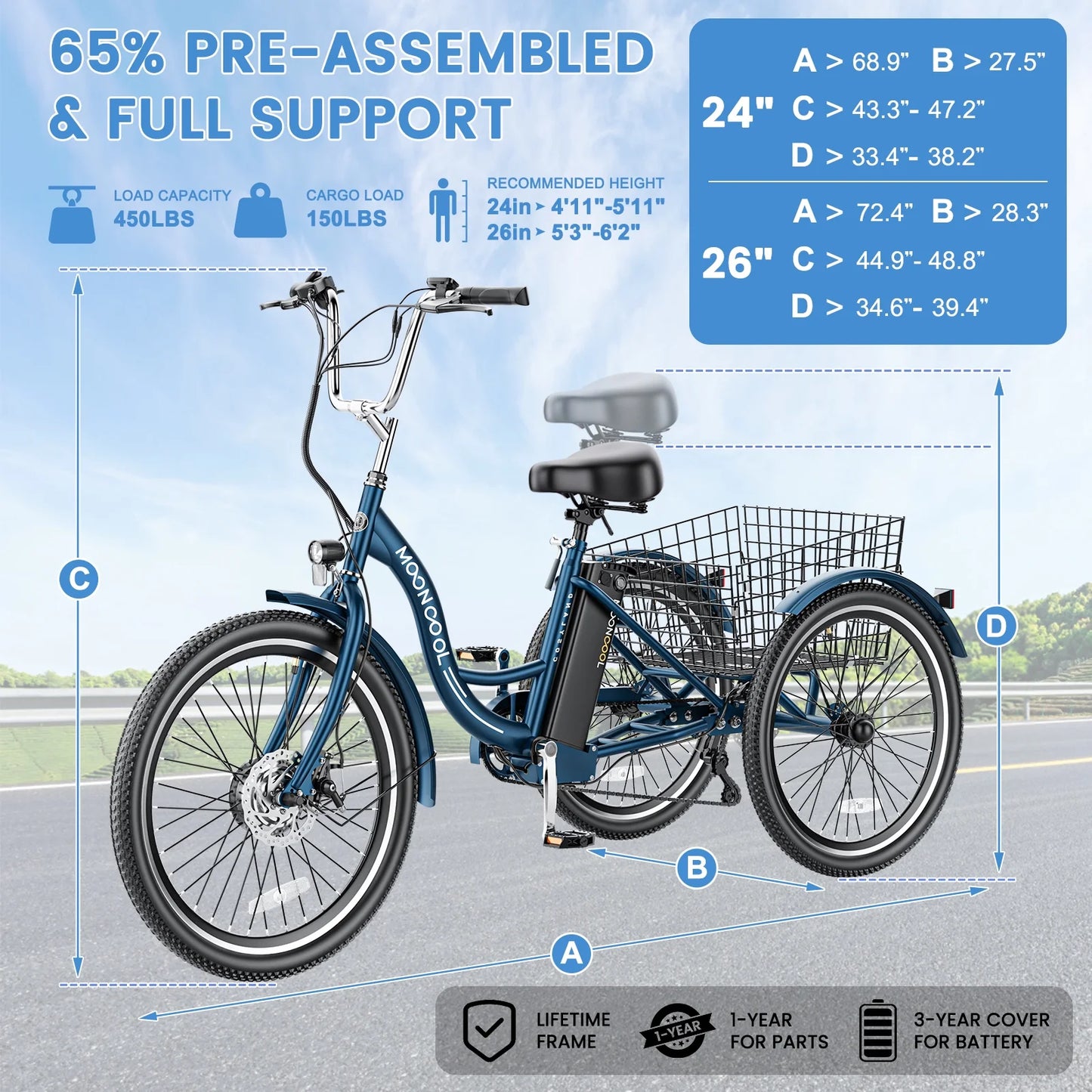 Electric Tricycle for Adults, 350W Electric Trike 7 Speed with 36V Removable Battery, 3 Wheel Electric Bikes for Women Men Seniors, 450Lb, 24/26 Inch Tire