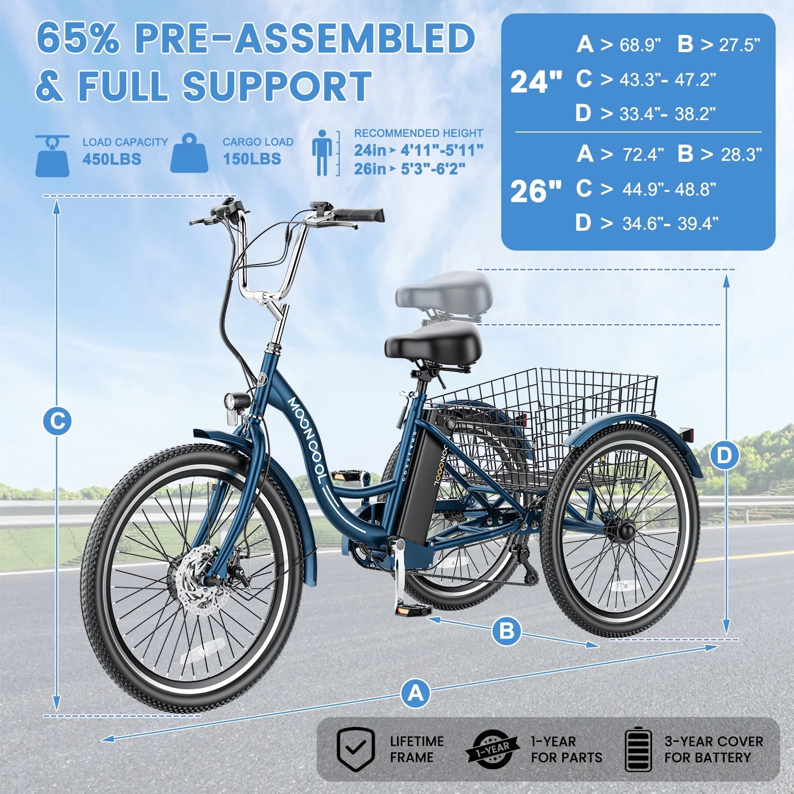 Electric Tricycle for Adults, 350W Electric Trike 7 Speed with 36V Removable Battery, 3 Wheel Electric Bikes for Women Men Seniors, 450Lb, 24/26 Inch Tire