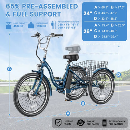 Electric Tricycle for Adults, 350W Electric Trike 7 Speed with 36V Removable Battery, 3 Wheel Electric Bikes for Women Men Seniors, 450Lb, 24/26 Inch Tire