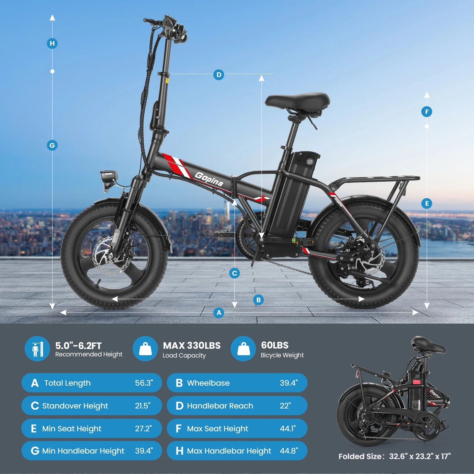 Electric Bike 16" X 3.0 Fat Tire Electric Bike 48V 350W Adult Folding Electric Bike 19.8MPH Urban Commuter Electric Bike with Smart LCD Display
