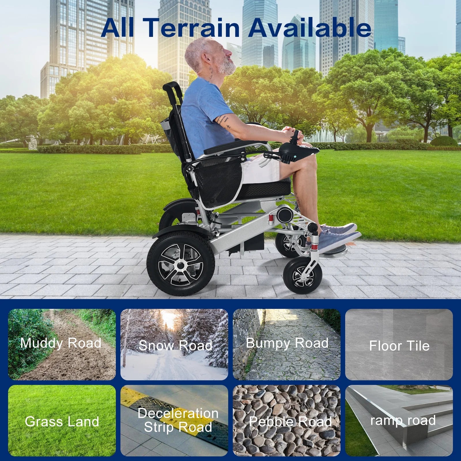 30 Miles Long Travel Range, Electric Wheelchairs for Adults Foldable Lightweight, All Terrain Motorized Wheelchair for Seniors Compact Portable, Two Batteries, Airline Approved