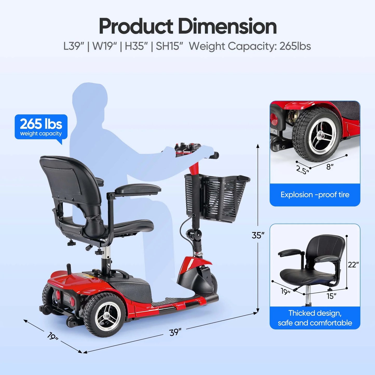 3 Wheel Electric Powered Mobility Scooter, with Lighting Folding Travel Mobile Wheelchair for Seniors, Gift for Elderly, Red