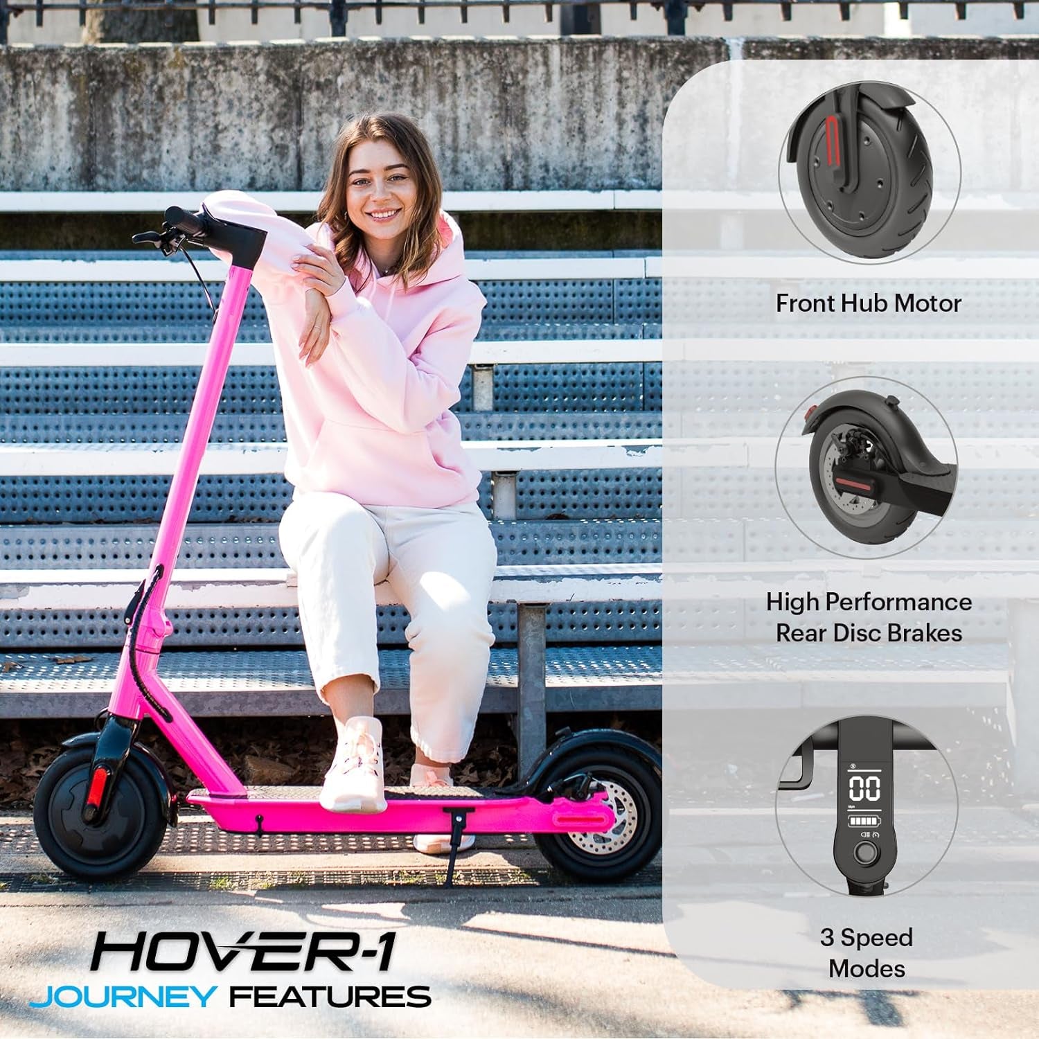 Hover-1 Journey Electric Scooter 14MPH, 16 Mile Range, 5HR Charge, LCD Display, 8.5 Inch High-Grip Tires, 220LB Max Weight, Cert. & Tested - Safe for Kids, Teens, Adults