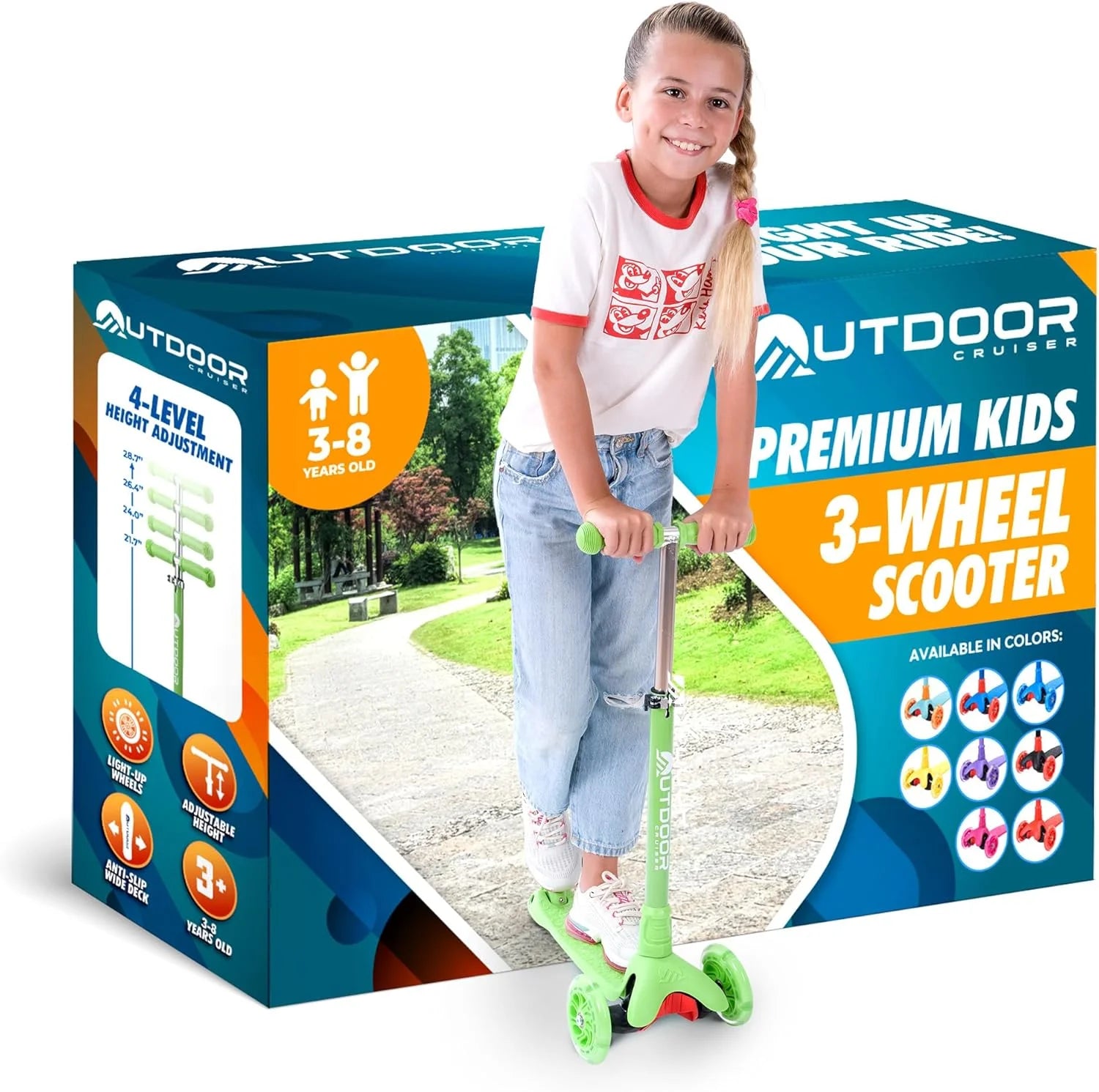 Green 3-Wheel Kids Scooter – Lean-To-Steer, Wide Deck, LED Wheels, Adjustable T-Bar, 150 Lbs Capacity
