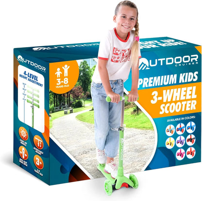 Green 3-Wheel Kids Scooter – Lean-To-Steer, Wide Deck, LED Wheels, Adjustable T-Bar, 150 Lbs Capacity