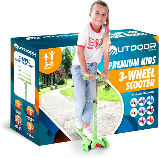 Green 3-Wheel Kids Scooter – Lean-To-Steer, Wide Deck, LED Wheels, Adjustable T-Bar, 150 Lbs Capacity