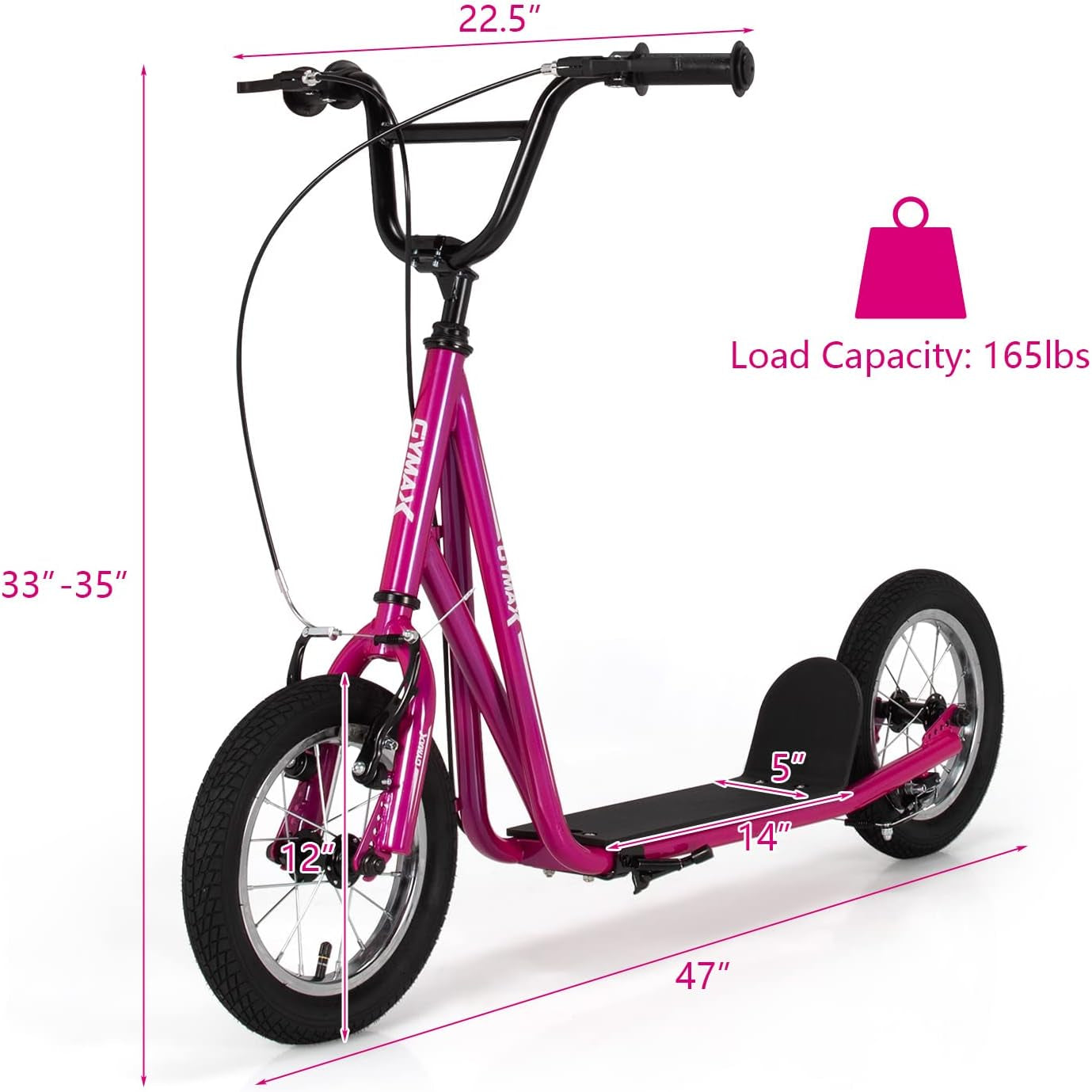 GYMAX Scooter, Kids & Adults Off-Road Scooter with 12" Inflatable Wheels, Adjustable Height Handlebar, V-Type Handbrakes & Axle Pegs for All Terrain, 8+