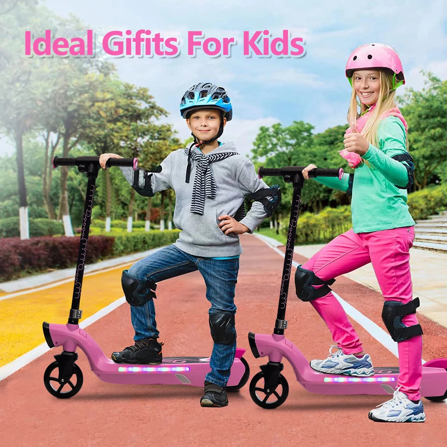 Electric Scooter for Kids, 12V Kids Electric Scooter for Boys Girls 6-14 Year Old, Kids Scooter with Kickstand, Scooter Bell, Colorful LED Lights, Front Big Light, Rear Brake, Pink