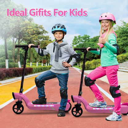 Electric Scooter for Kids, 12V Kids Electric Scooter for Boys Girls 6-14 Year Old, Kids Scooter with Kickstand, Scooter Bell, Colorful LED Lights, Front Big Light, Rear Brake, Pink