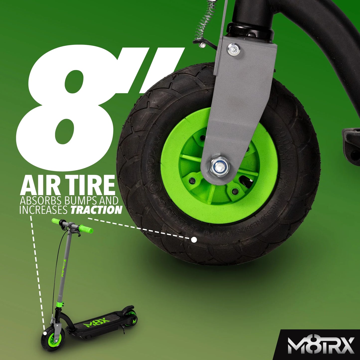 Green 24 Volt Kids Electric Scooter, 8" Air Filled Tire, Speeds up to 10Mph, Kids Ages 8+