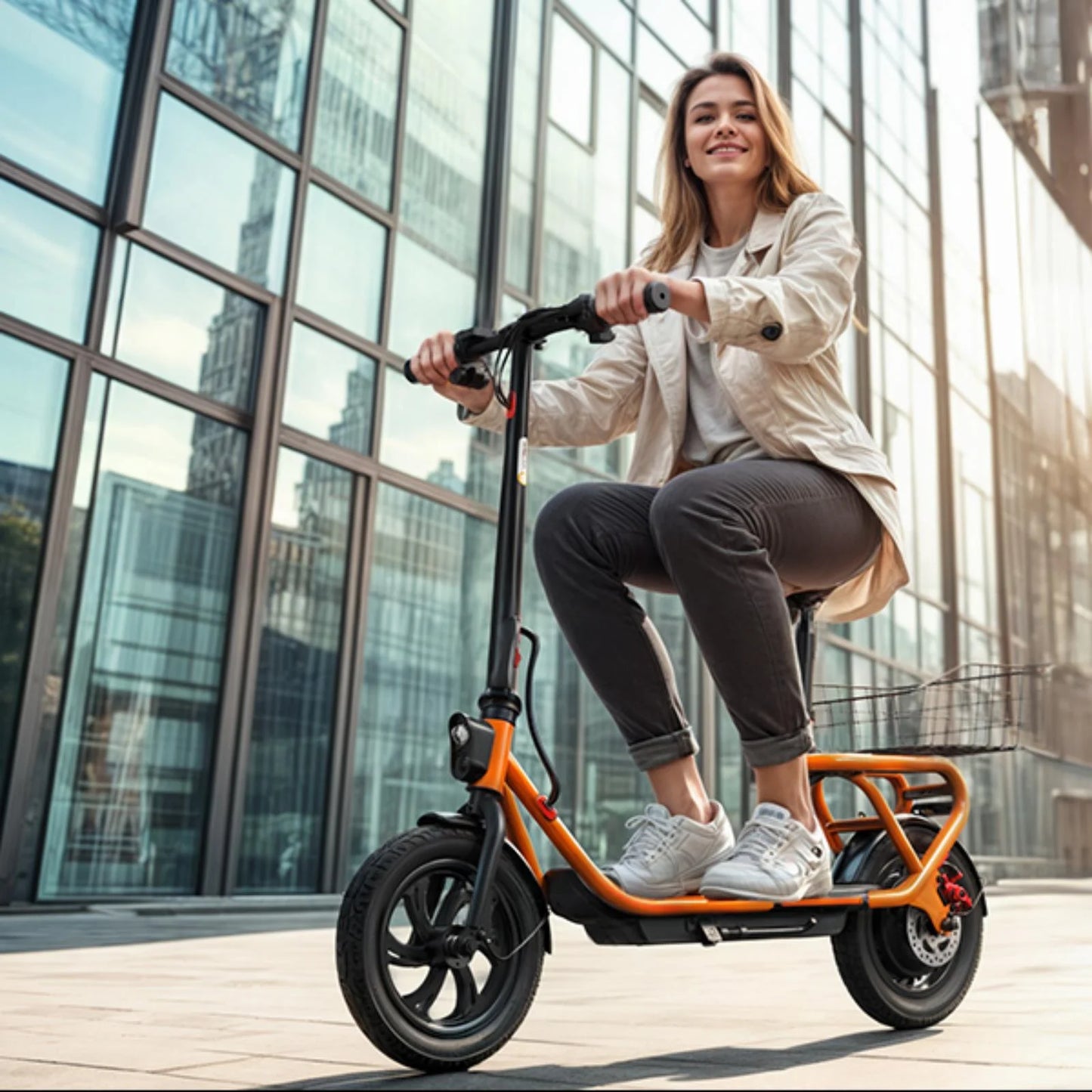 Electric Scooter with Seat, Pneumatic Tires, Peak 600W Motor, Top Speed 19Mph, 20 Miles Long Range, Folding E-Scooter for Commuting with Dual Braking System, Orange