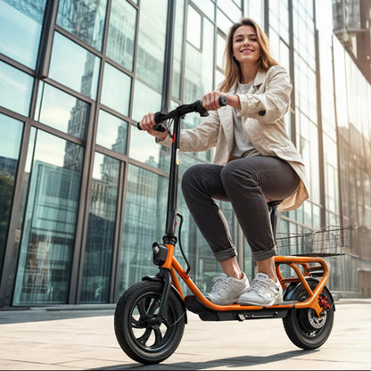 Electric Scooter with Seat, Pneumatic Tires, Peak 600W Motor, Top Speed 19Mph, 20 Miles Long Range, Folding E-Scooter for Commuting with Dual Braking System, Orange
