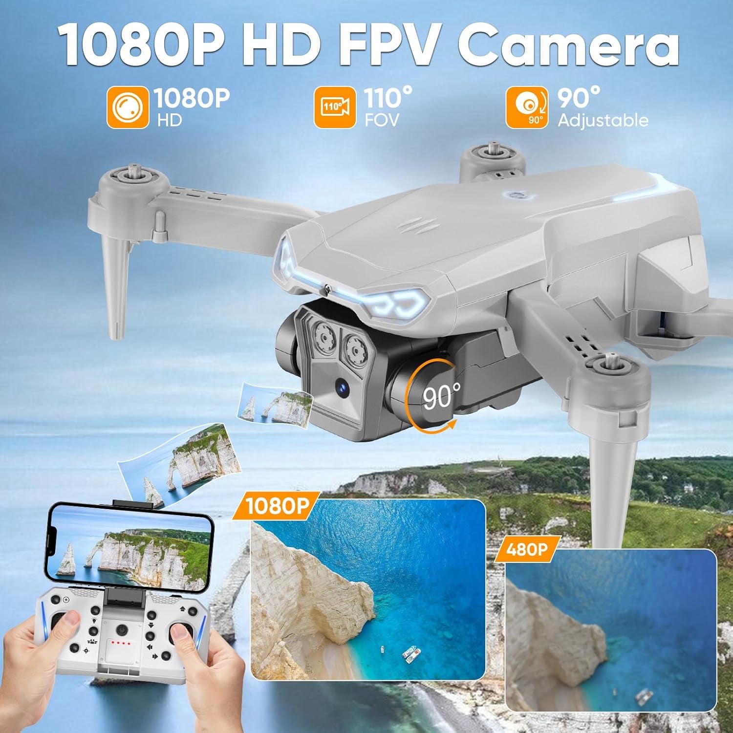 1080P HD Foldable Drone with Camera for Adults & Kids, RC Quadcopter with One-Key Takeoff/Landing, Altitude Hold, Waypoint Flight, 360° Flip, 2 Batteries, Easy-To-Fly Toy for Boys and Girls