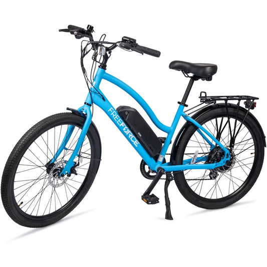 Avalon 16-In Electric Beach Cruiser Bike | Hybrid E-Bike for Adults, Thumb Throttle and Pedal Assist | with Speed Sensor, Storage Rack, Bell, Water Bottle Bracket | Light Blue