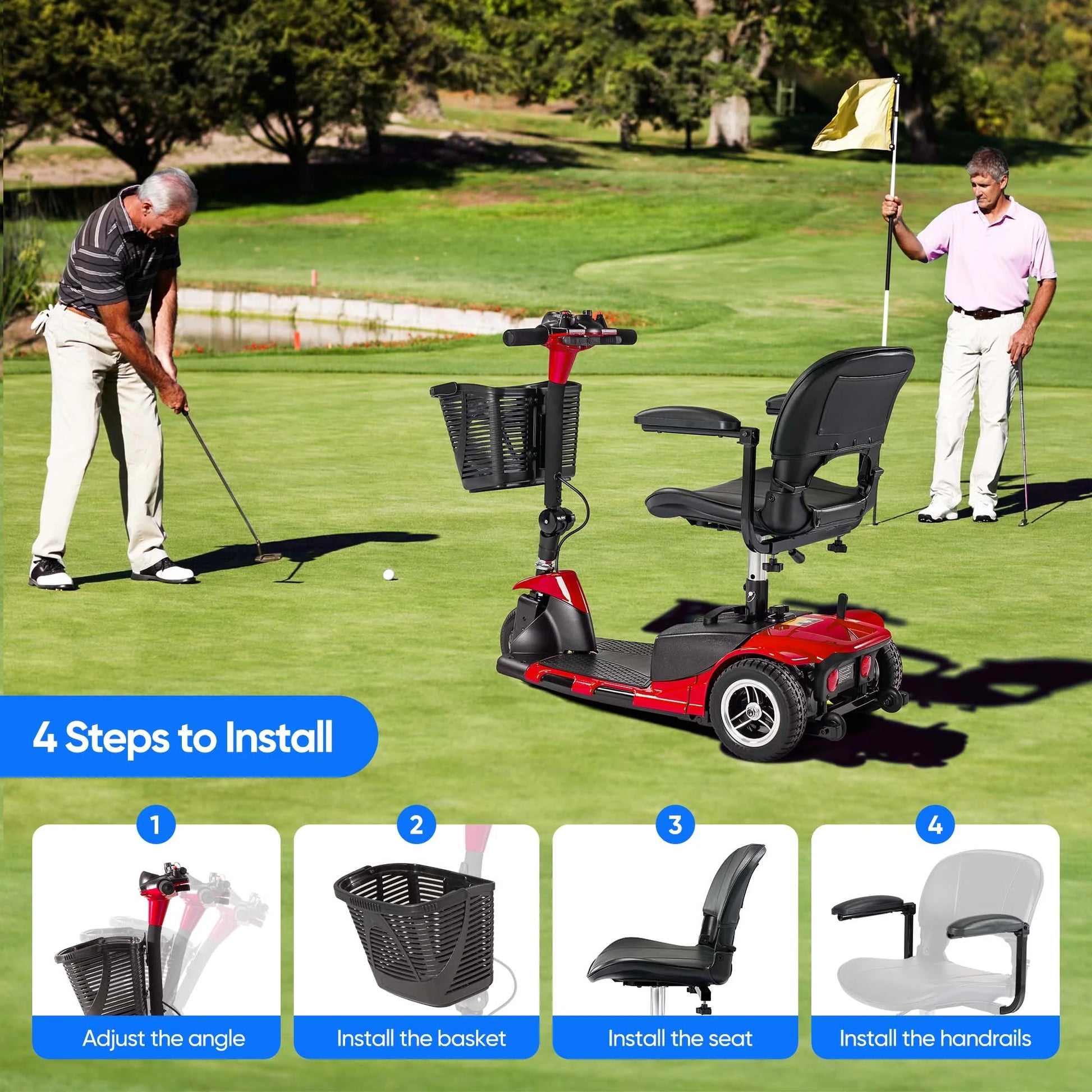 3 Wheel Electric Powered Mobility Scooter, with Lighting Folding Travel Mobile Wheelchair for Seniors, Gift for Elderly, Red