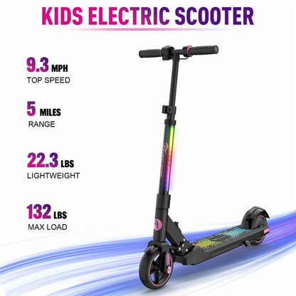 Kids Electric Scooter, 150W Motor, Max Speed 9.3 MPH, 5 Miles Range, Colorful LED Lights, Foldable, Pink