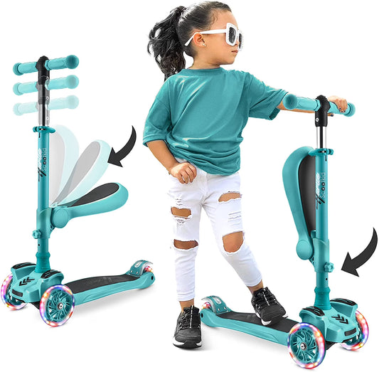 Scootkid 3-Wheel Kids Scooter - Child & Toddler Toy Scooter with Built-In LED Wheel Lights, Fold-Out Comfort Seat (Ages 1+) (Teal Blue)