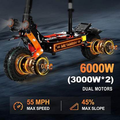 ZO01 plus 6000W Electric Scooter Dual Motors, 52MPH 60 Miles Long Range,11"Off-Road Tire with Seat for Adults