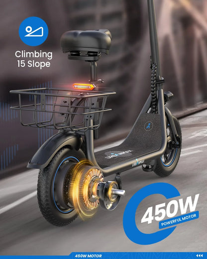 C1 Electric Scooter with Seat, 450W Powerful Motor up to 22 Miles Range, Folding Electric Scooter for Adult Max Speed 15.5Mph, Electric Scooter-Blackfor Commuting with Basket