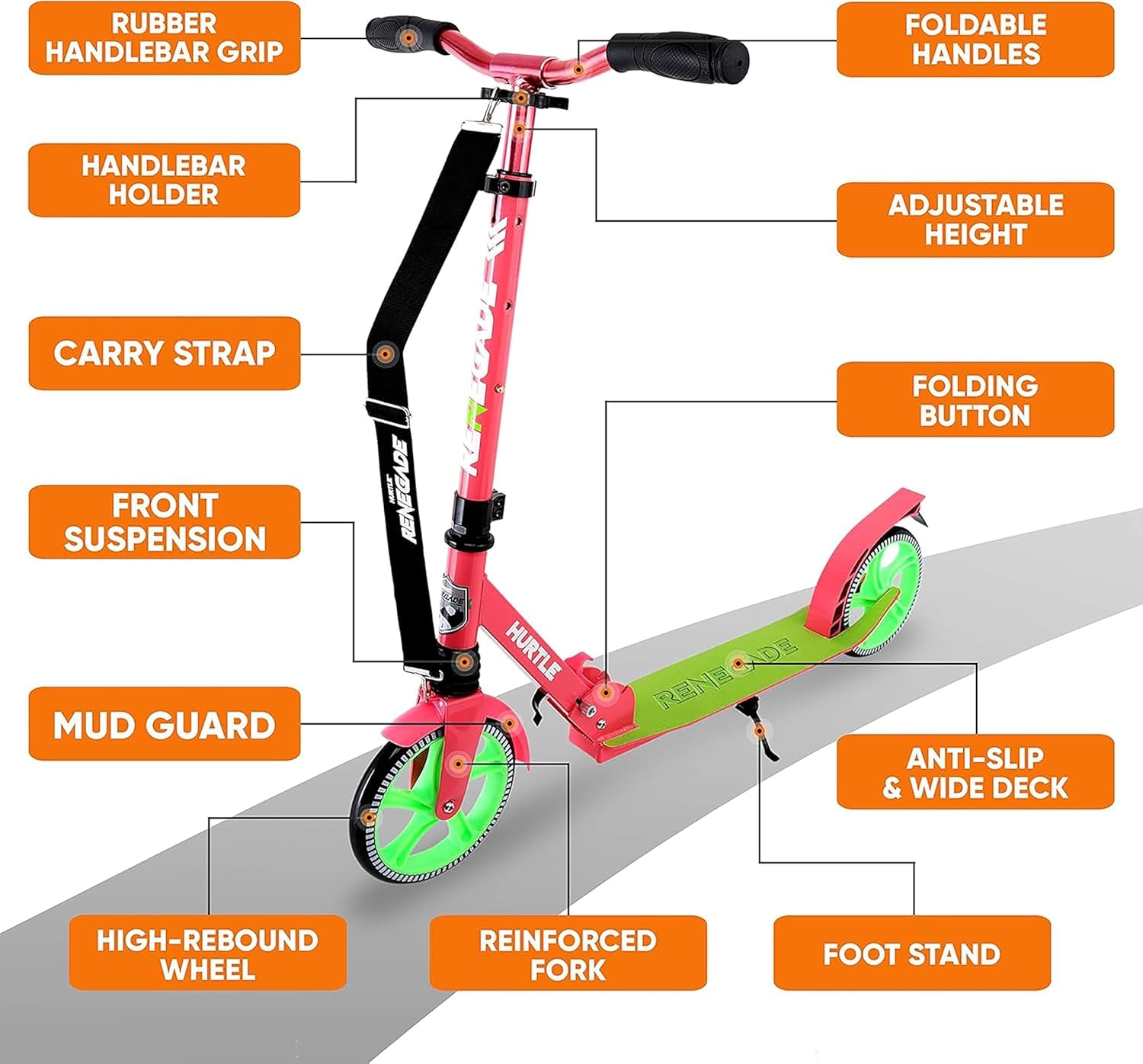 Hurtle Renegade Kick Scooter for Kids, Teenagers & Adults - 2-Wheel Folding Scooter with Adjustable T-Bar Handlebar - Alloy Anti-Slip Deck