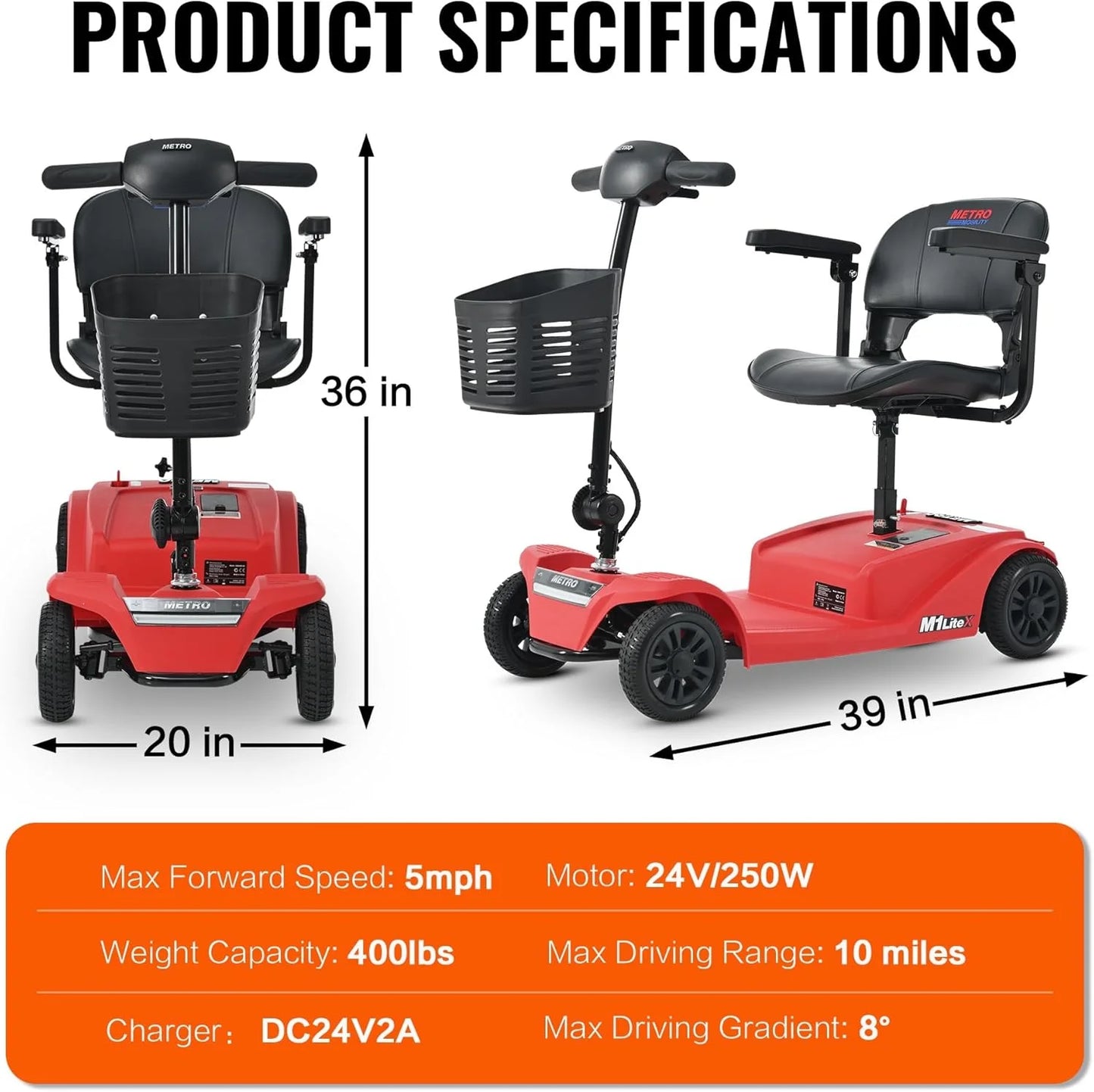 4 Wheels Mobility Scooter, Folding Lightweight Travel Mobility Scooter with Front & Rear LED Light, Heavy Duty Electric Motorized Scooters for Seniors Adults, Compact Mobility Scooter, Red