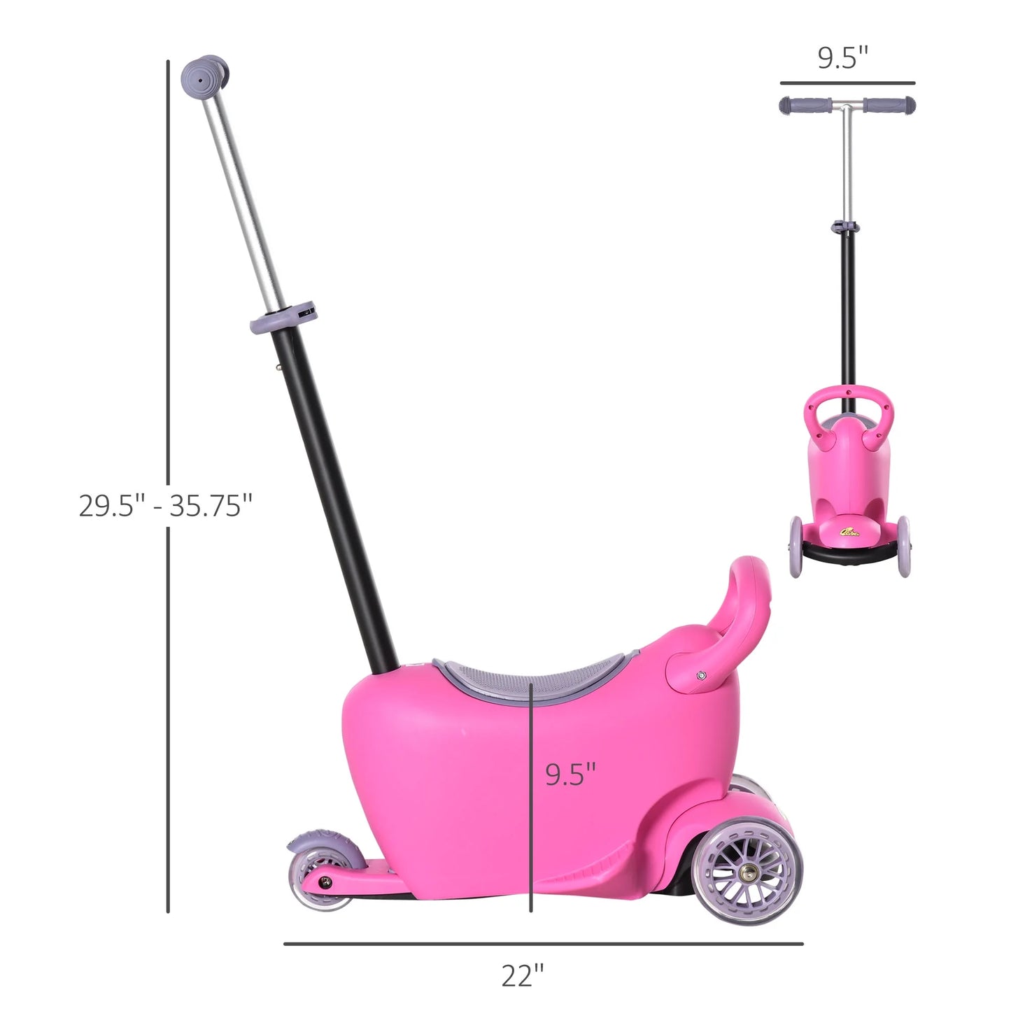 3-In-1 Ride on Push Car, Kids Scooter, Sliding Walker, Push Rider, with Adjustable Handlebar, 3 Balanced Wheels, Removable Storage Seat, for Boys and Girls Aged 2-6 Years Olds, Pink