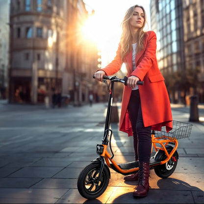 Electric Scooter with Seat, Pneumatic Tires, Peak 600W Motor, Top Speed 19Mph, 20 Miles Long Range, Folding E-Scooter for Commuting with Dual Braking System, Orange