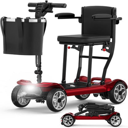 Ultra Lightweight 4 Wheel Mobility Scooter for Seniors (Only 50Lbs), 25+ Miles Travel Dual Battery Mobility Scooters, Aluminum Electric Folding Wheelchair Device, Red
