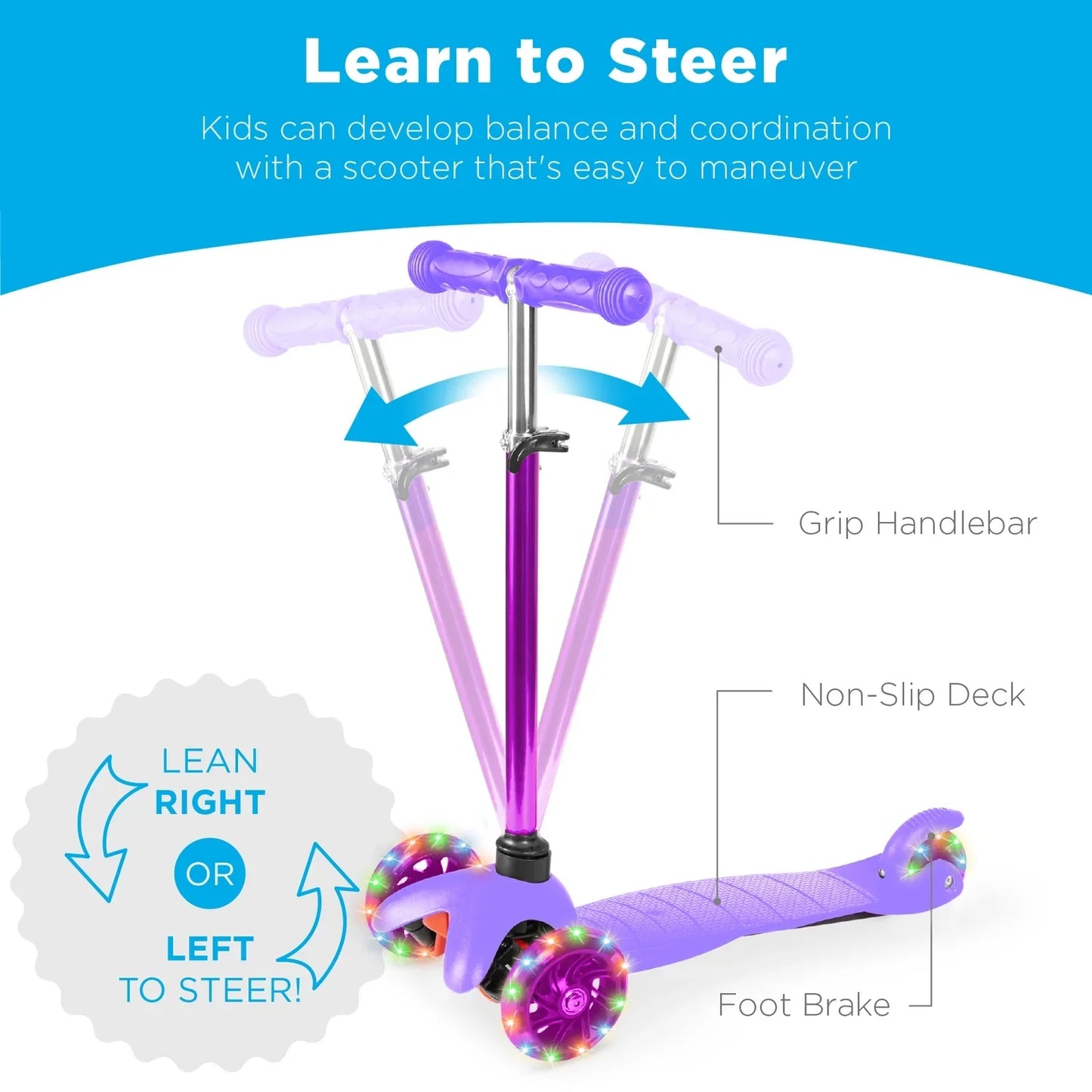 Kids Mini Kick Scooter Toy W/ Light-Up Wheels and Height Adjustable T-Bar - Purple