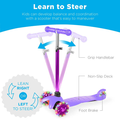 Kids Mini Kick Scooter Toy W/ Light-Up Wheels and Height Adjustable T-Bar - Purple