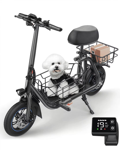 19MPH Foldable 550W Electric Scooter with Seat for Adult，12 Inch Commuter Electric Scooter for Pets with Front & Back Basket, Bigger Seat - up to 21 Miles