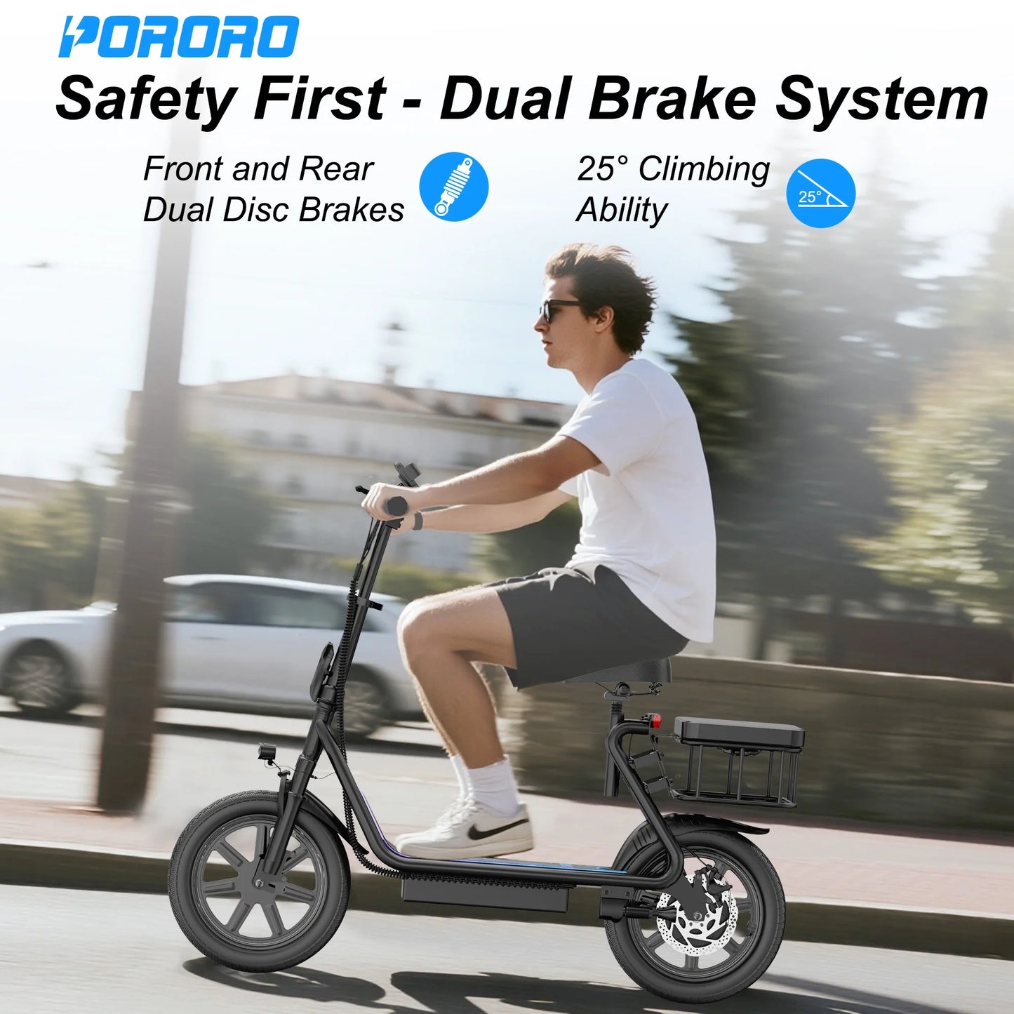 SLW50P Electric Scooter with Seat for Adults, Max 55 Miles Range with 14" Tires, 500W, 22MPH, Black