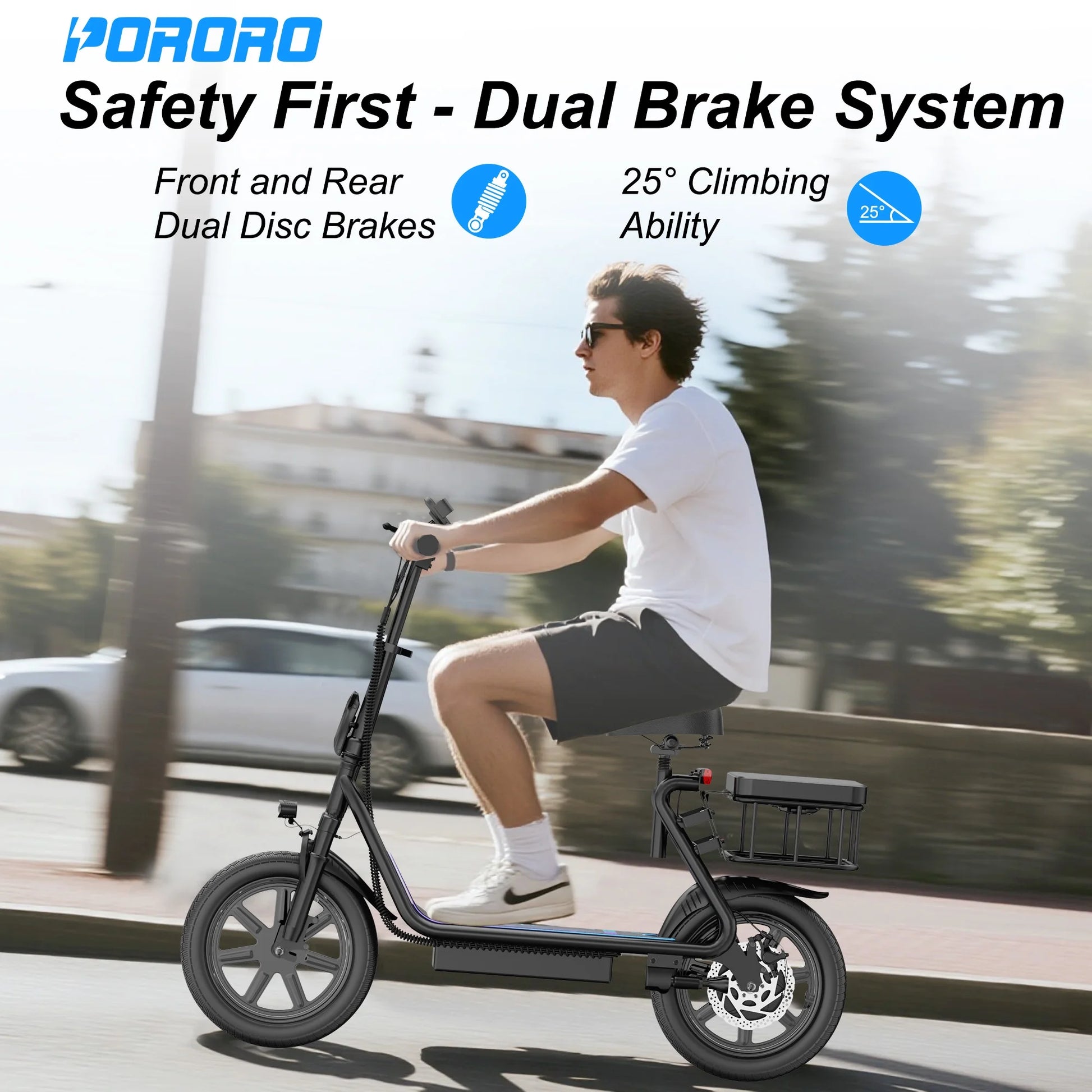 SLW50P Electric Scooter with Seat for Adults, Max 55 Miles Range with 14" Tires, 500W, 22MPH, Black